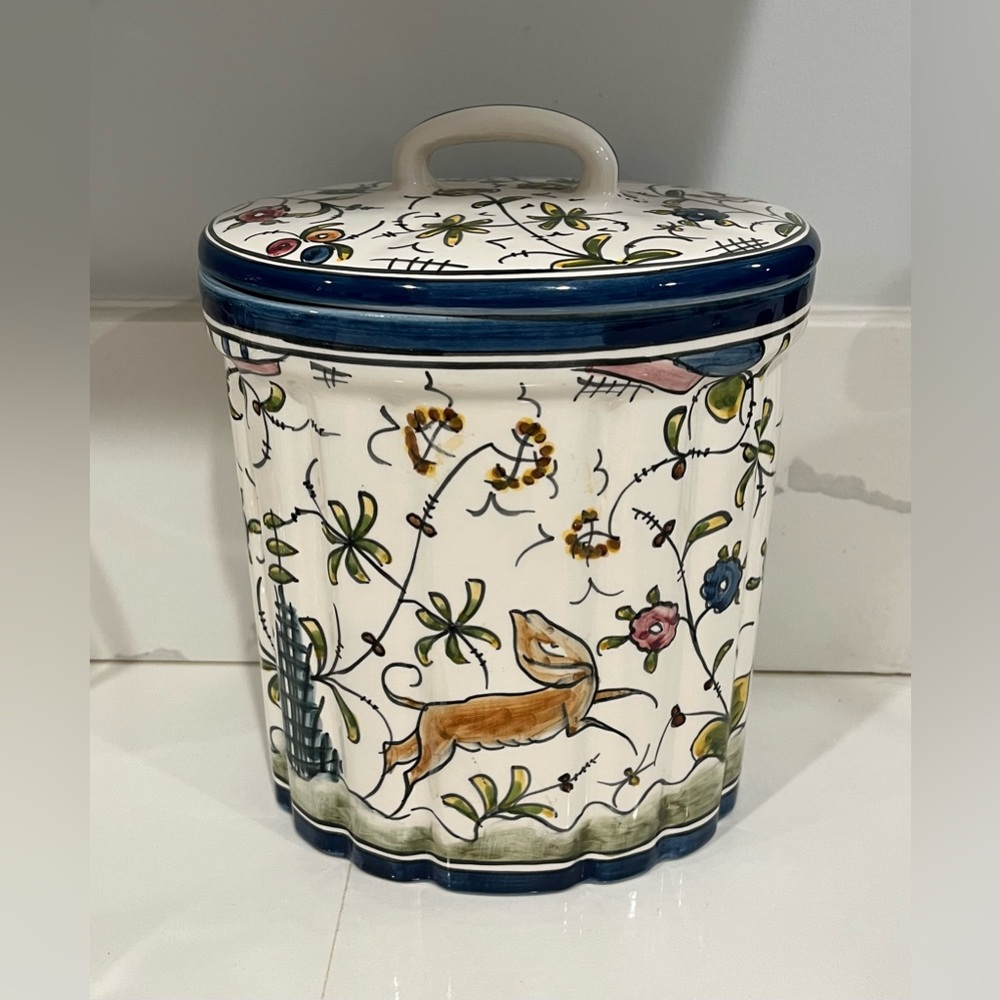 Hand-Painted Ceramic Canister with Blue Trim - Floral & Animal Motif